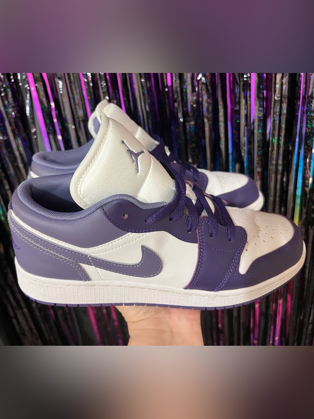 Jordan 1 Low Big kids size 6 is equivalent to woman’s 7 1/2 Purple and White
